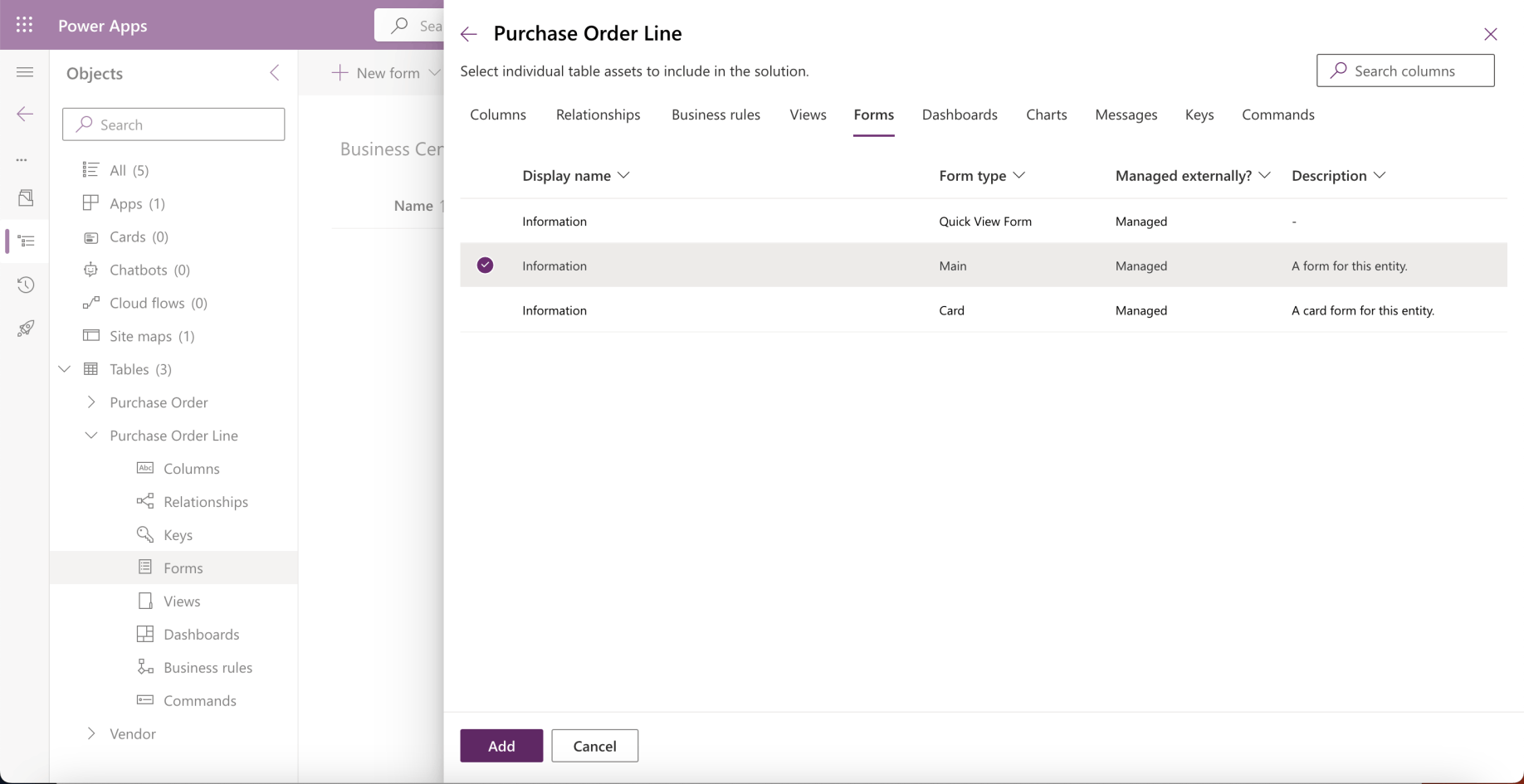 I added the Purchase Order Line Main Information form to the solution