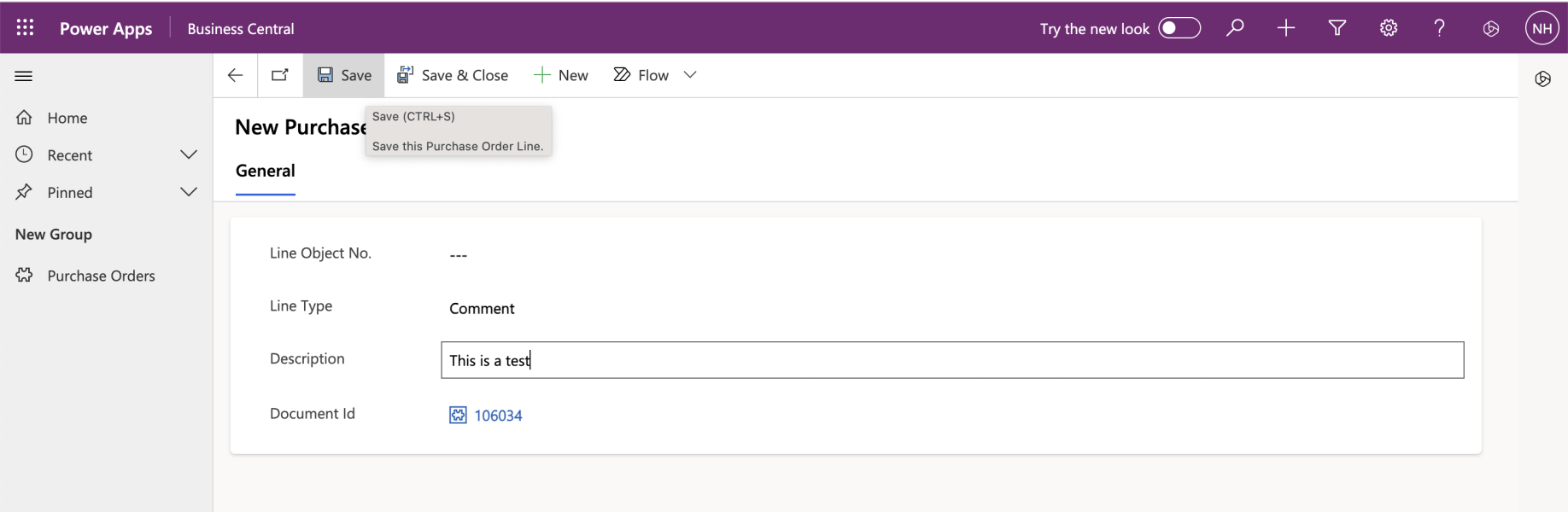 I provided a Description and clicked the Save button. The record was saved and the Line Object No. field was updated (cleared)