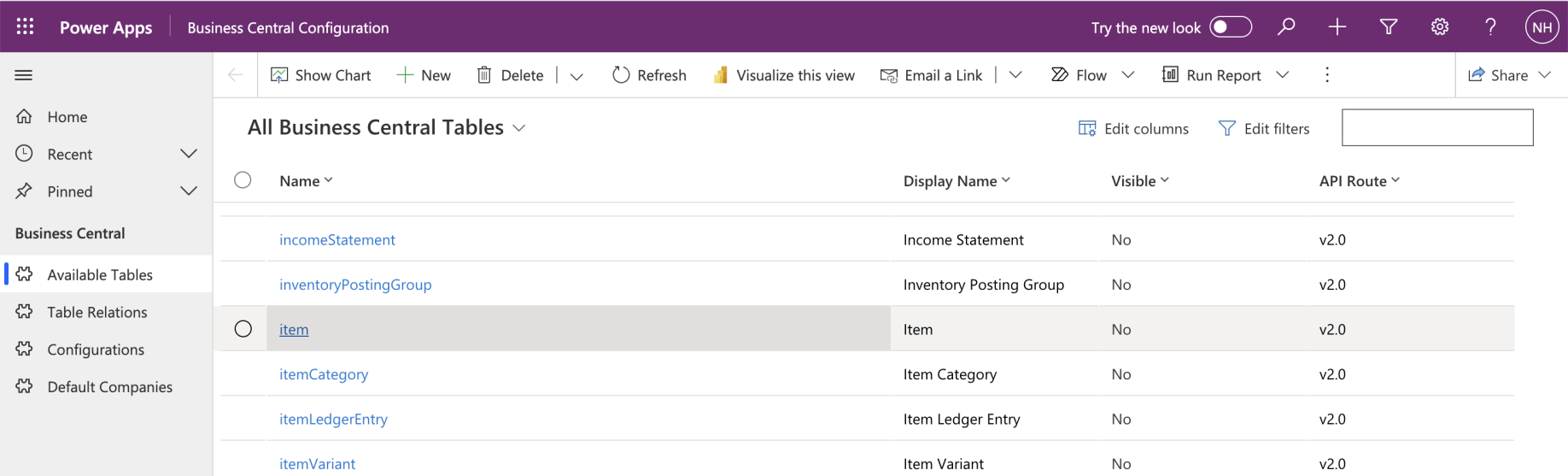 I returned to the Business Central Configuration app and selected the Item table