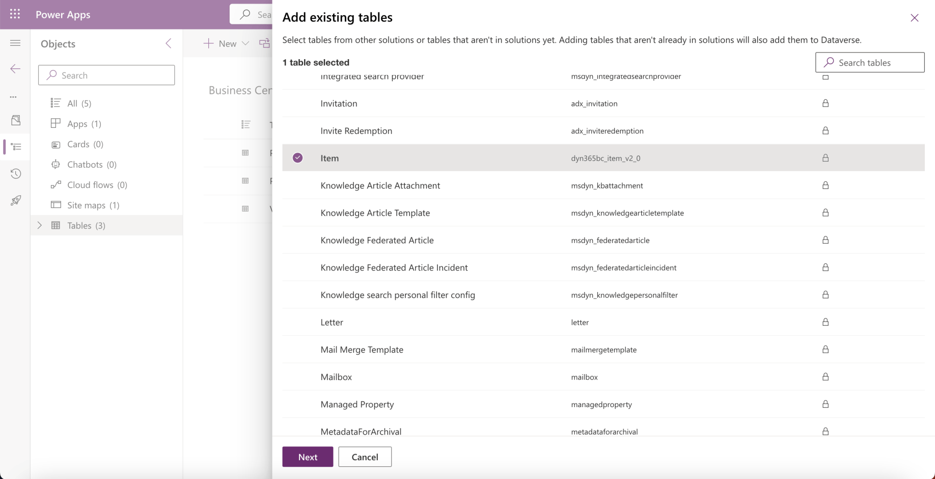 I added the Item table to the Business Central solution