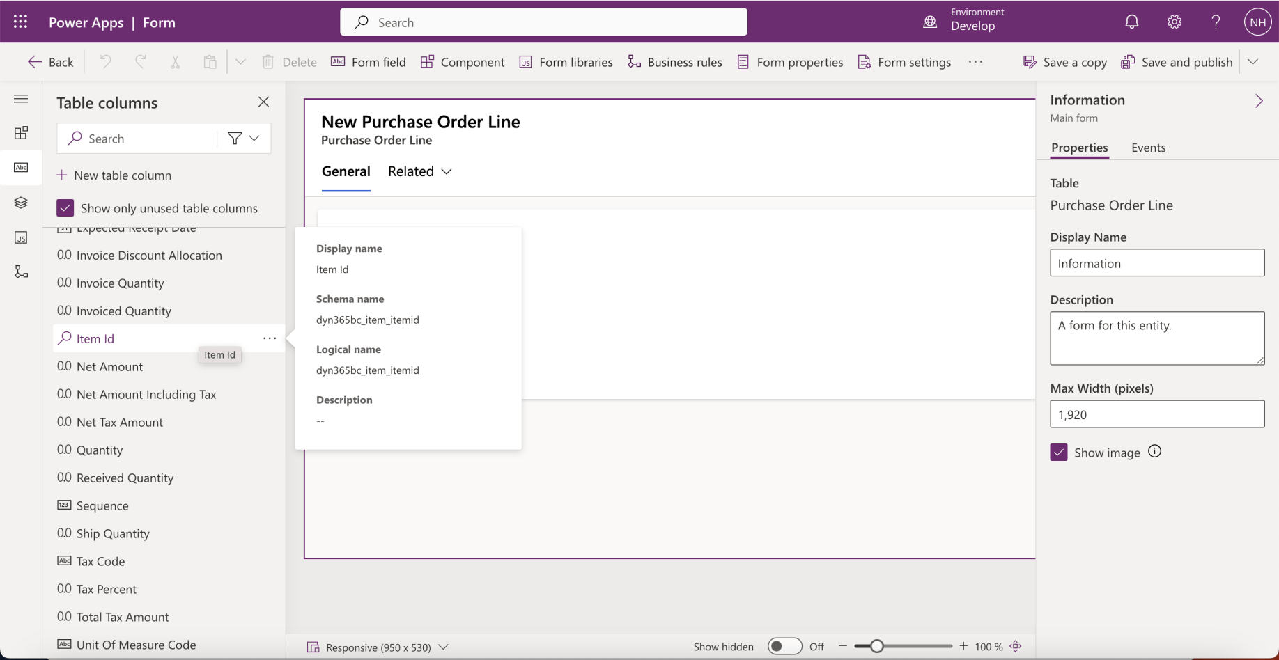 I added the Item Id column to the Purchase Order Line table's Main form