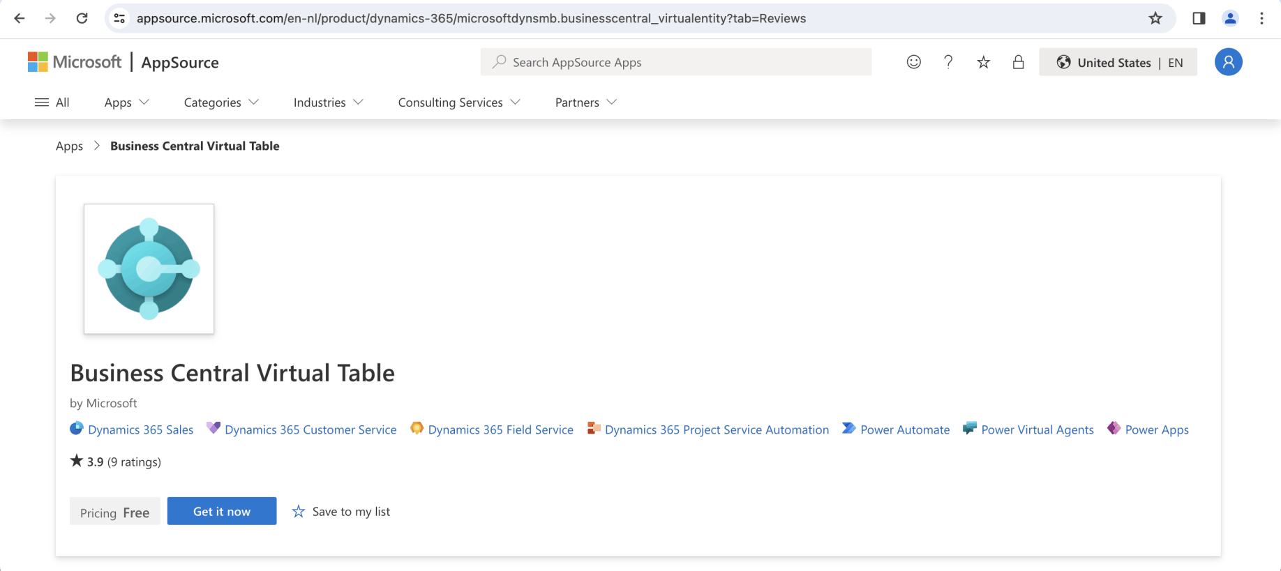 I navigated to the Business Central Virtual Table app published on AppSource