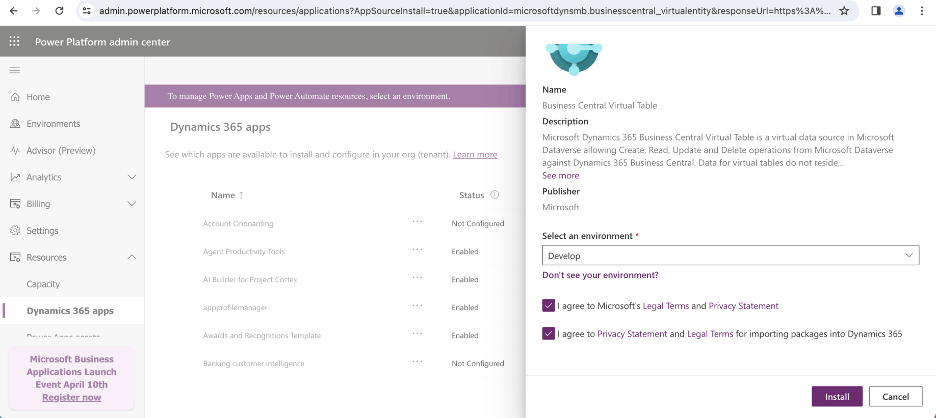I selected the Develop environment and clicked the Install button