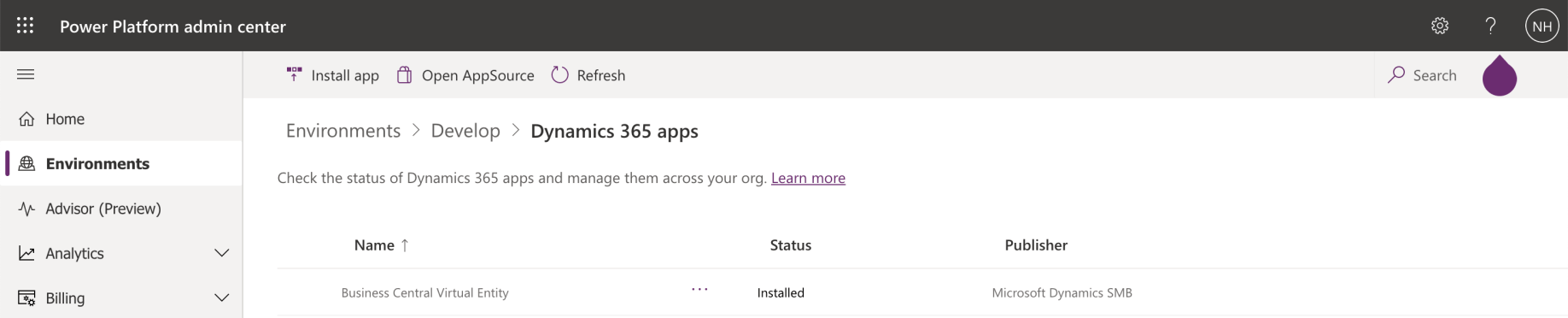 The Business Central Virtual Entity Dynamics 365 app was installed