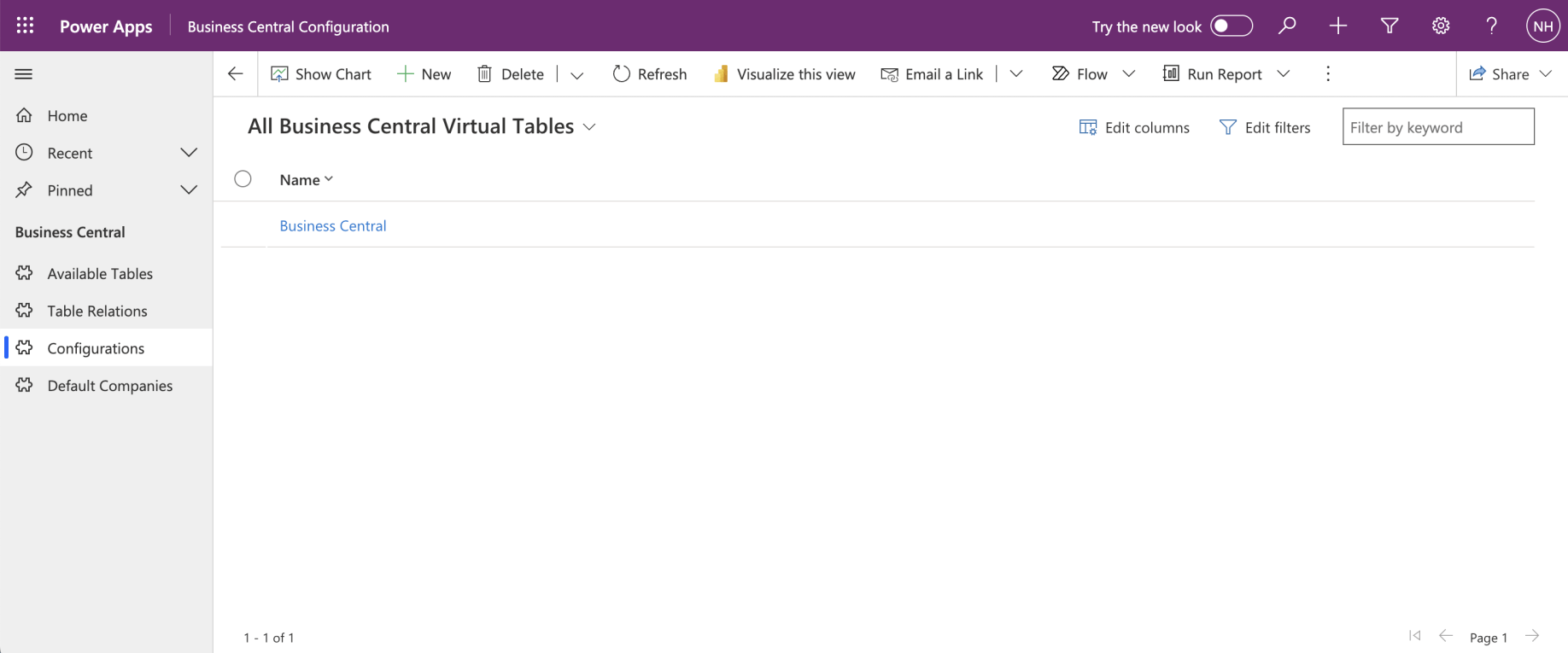 I navigated to the Configurations page and clicked on the Business Central item