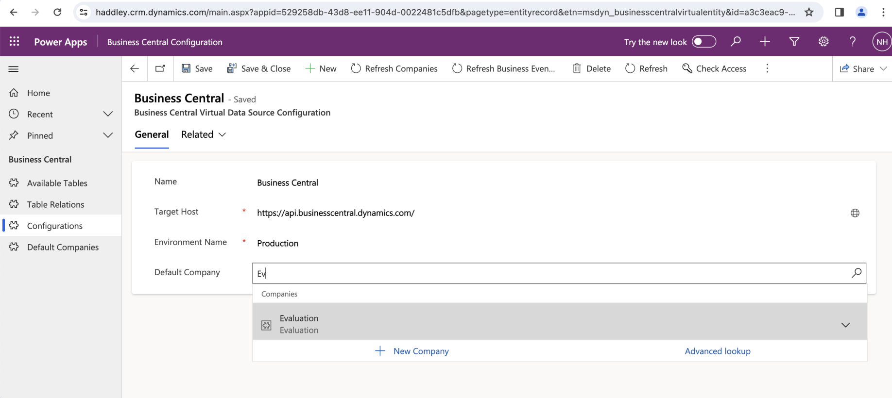 I entered Production as the Environment name and Evaluation as the Default Company name