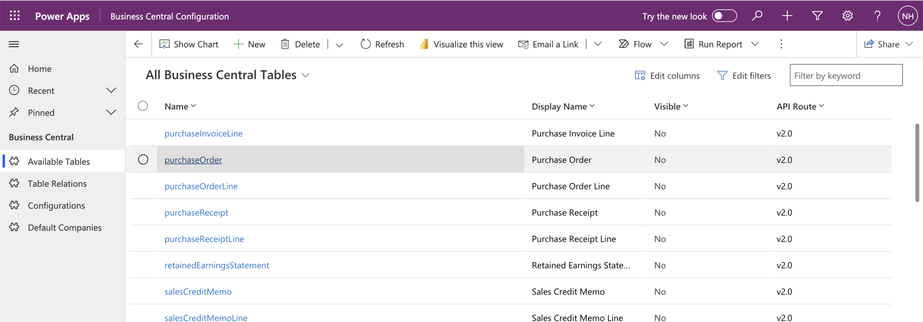 I navigated to the Available Tables page and clicked on the purchaseOrder table