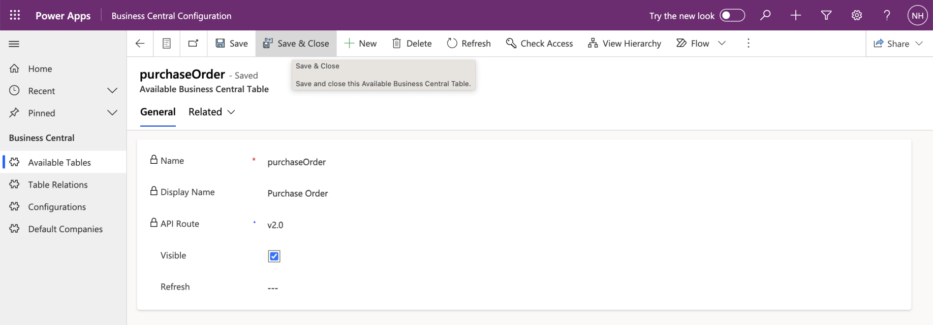 I updated the Visible value to Yes. I clicked the Save & Close button