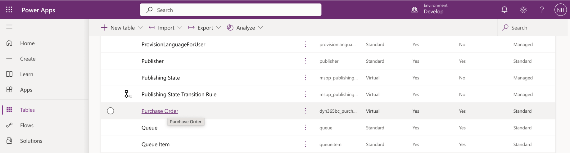I navigated the the Power Apps Tables list and clicked on the Purchase Order Table