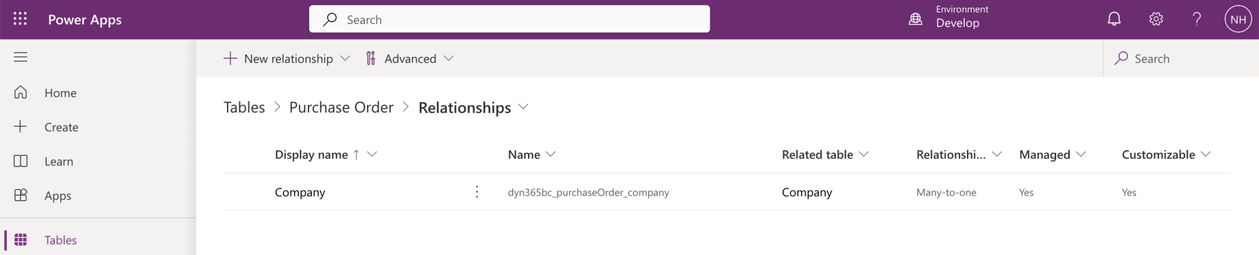 I clicked on the Relationships link and could see that there was a relationship between the Purchase Order table and the Company table