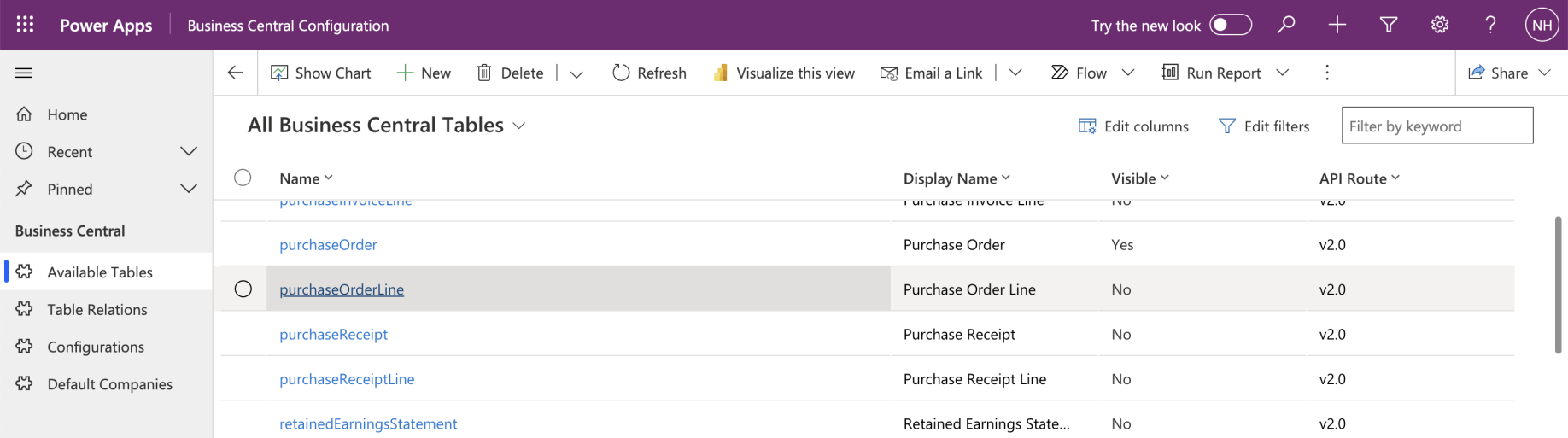 I returned to the Business Central Configuration app and selected the purchaseOrderLine table
