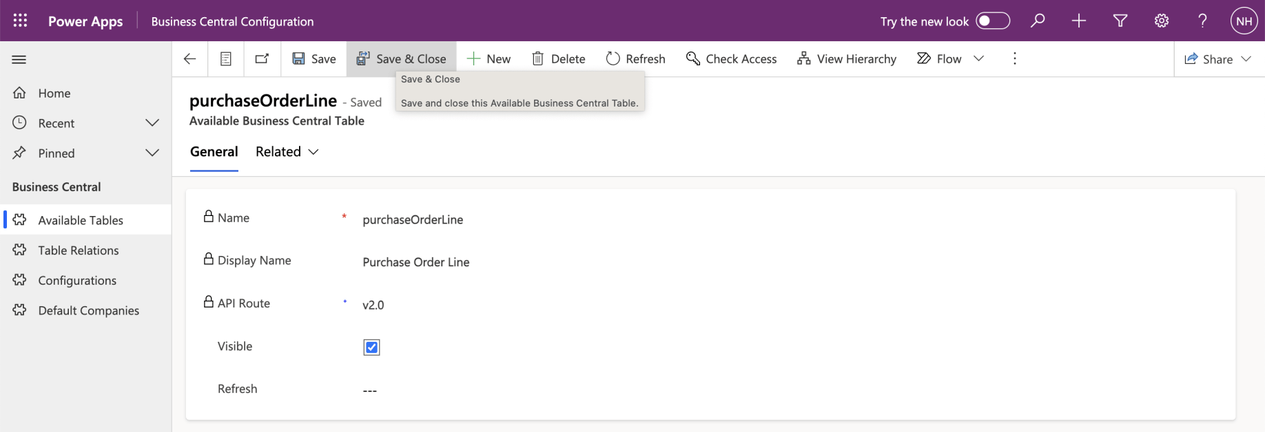 I set the purchaseOrderTable to Visible. I clicked the Save & Close button