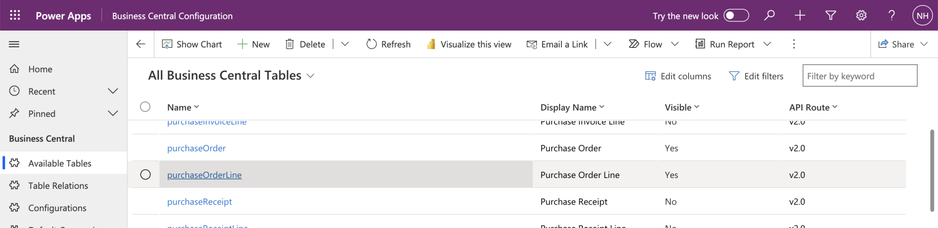 The Visible property of the purchaseOrderLine table was updated