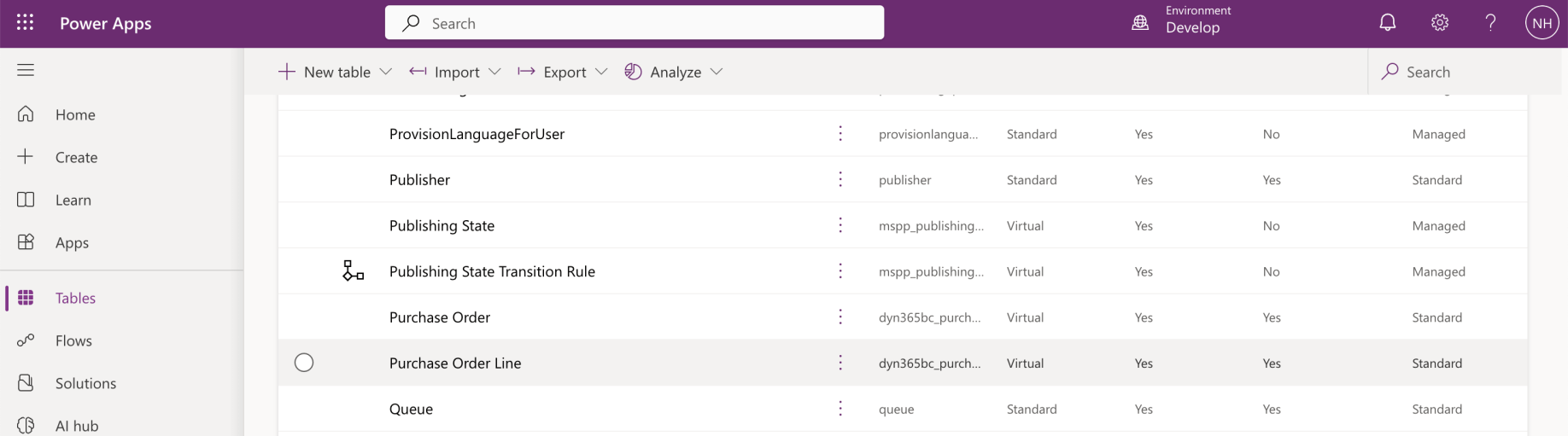 The purchaseOrderLine table was added to the Power Apps Tables list.