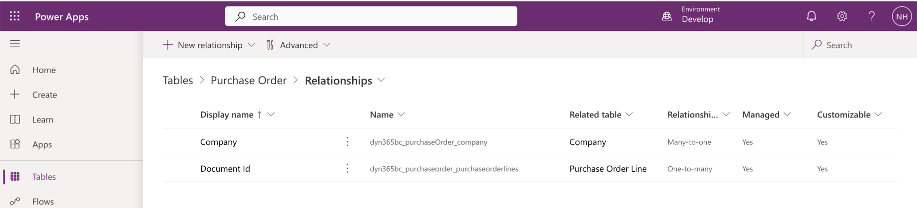 I reviewed the purchaseOrder table's Relationships. A Document Id relationship was shown between the purchaseOrder table and the purchaseOrderLine table