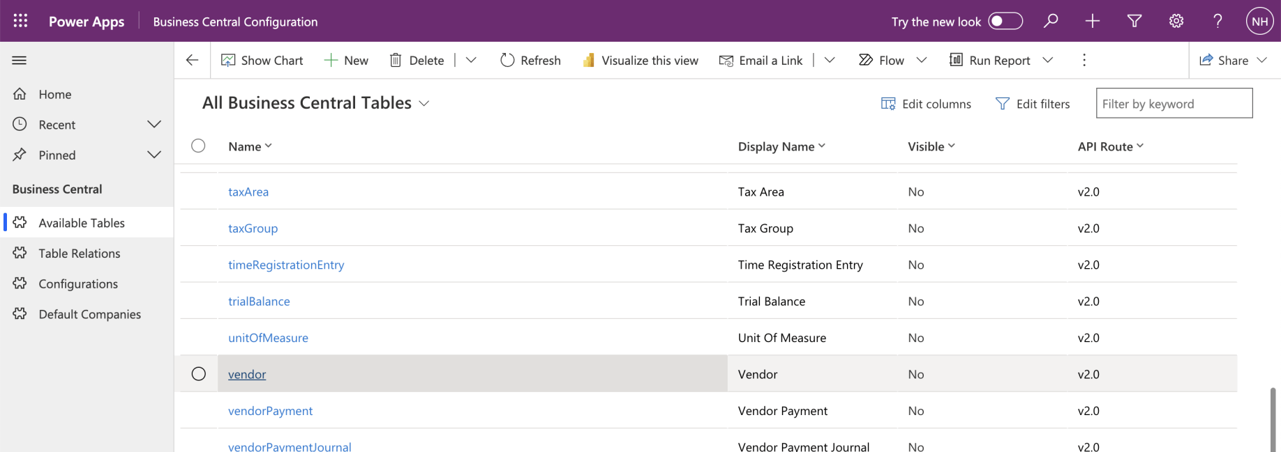 I returned to the Business Central Configuration app and selected the vendor table