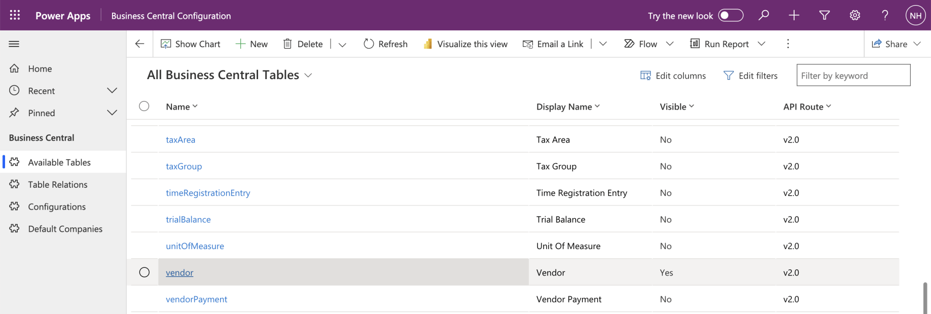 The Visible property of the vendor table was updated