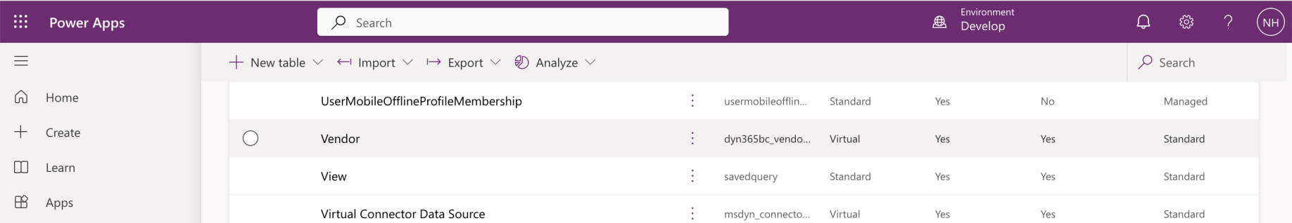 The vendor table was added to the Power Apps Tables list.