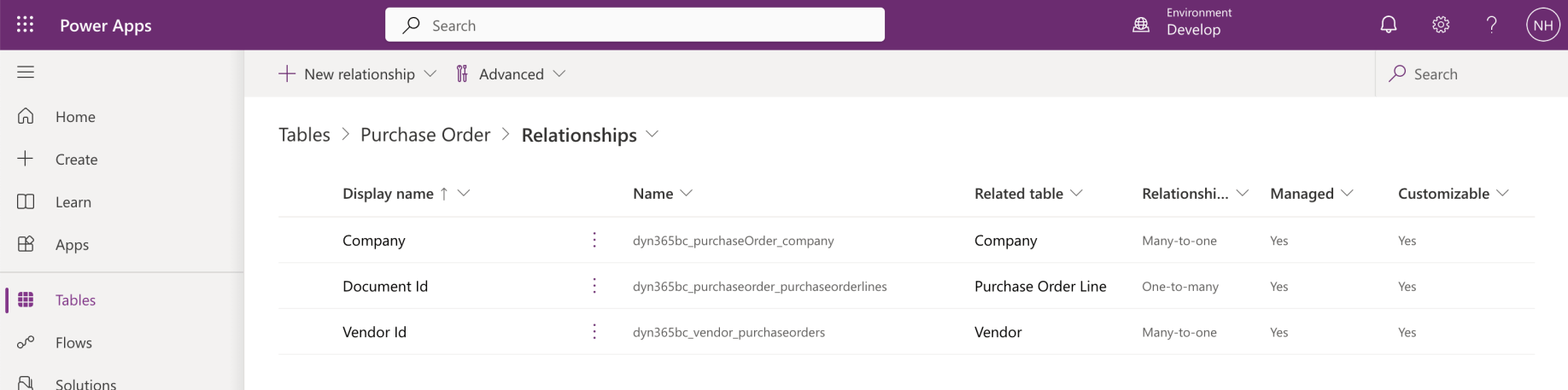I reviewed the purchaseOrder table's Relationships. A Vendor Id relationship was shown between the purchaseOrder table and the vendor table