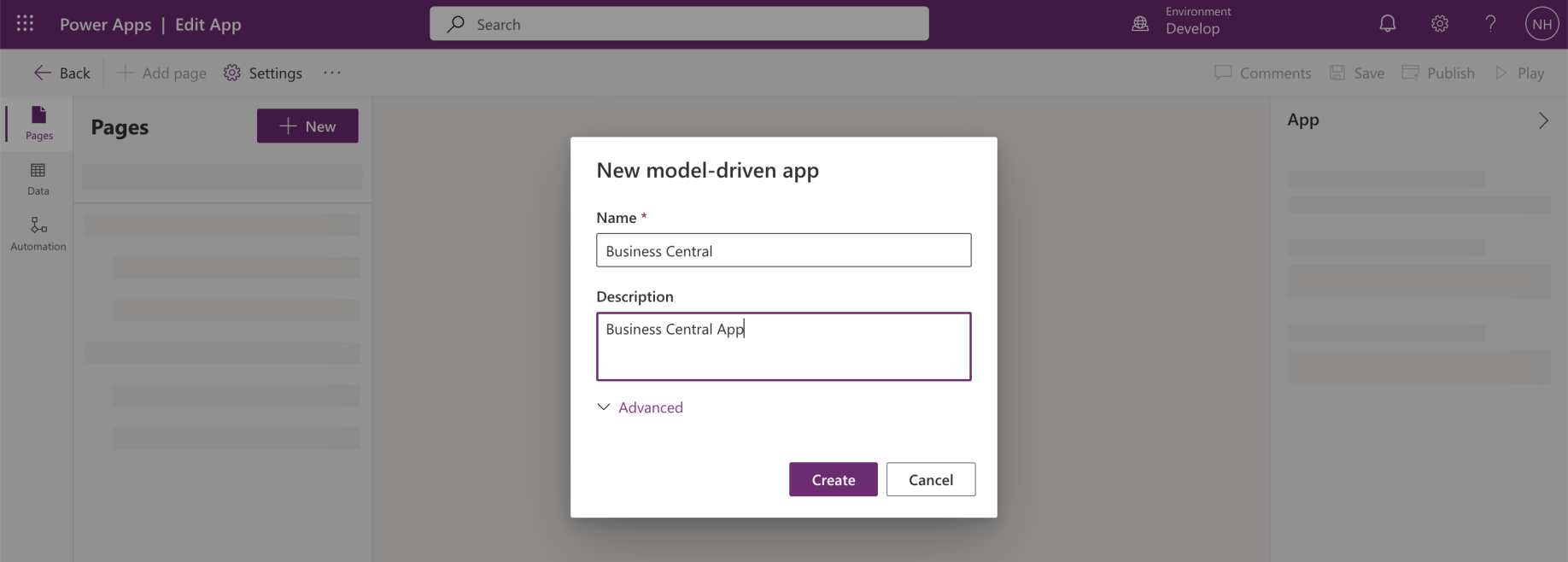 I named the app Business Central