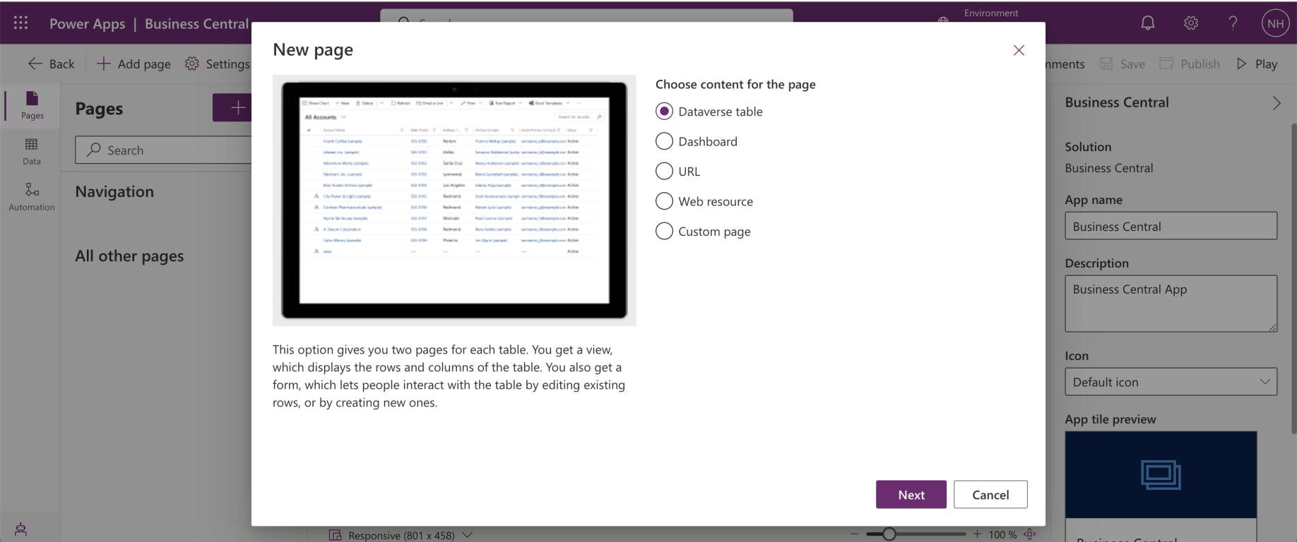 I selected the "Dataverse table" option and clicked the Next button