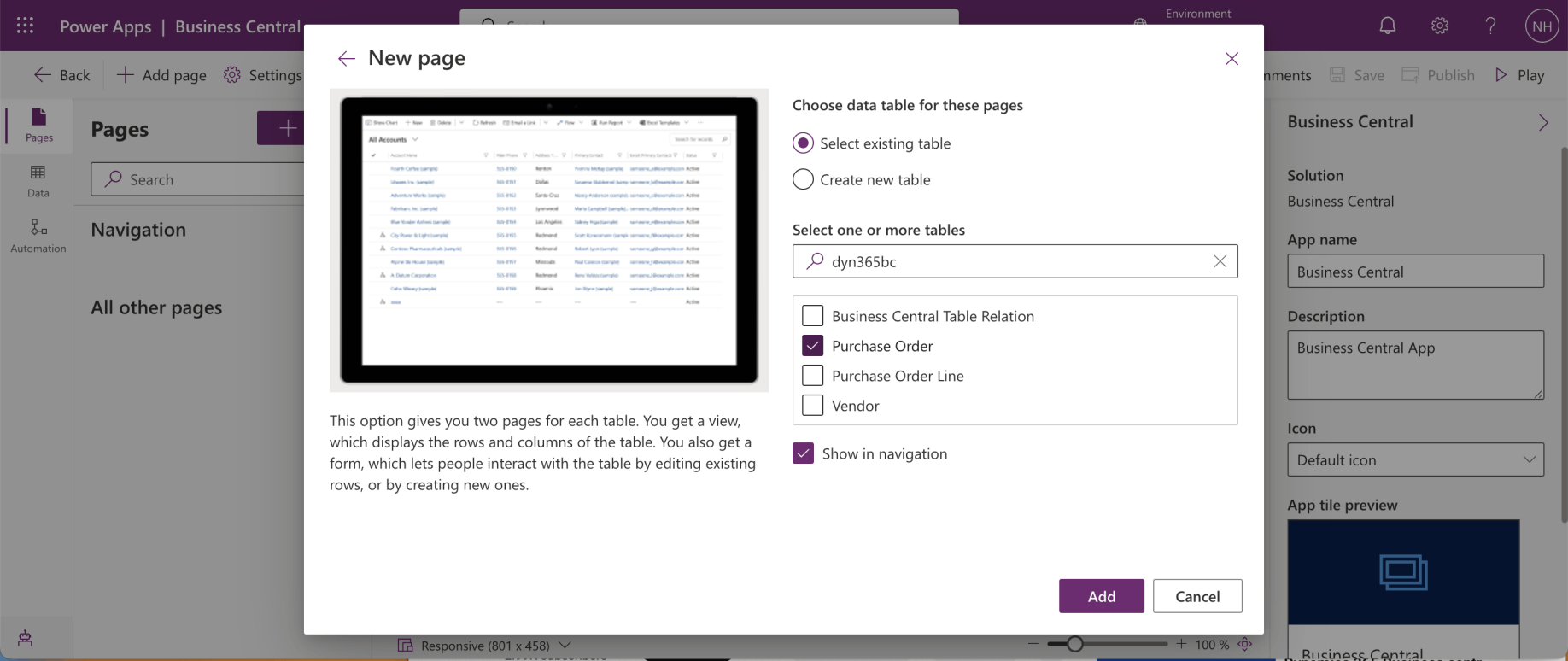 I selected the Purchase Order table and checked the Show in navigation checkbox