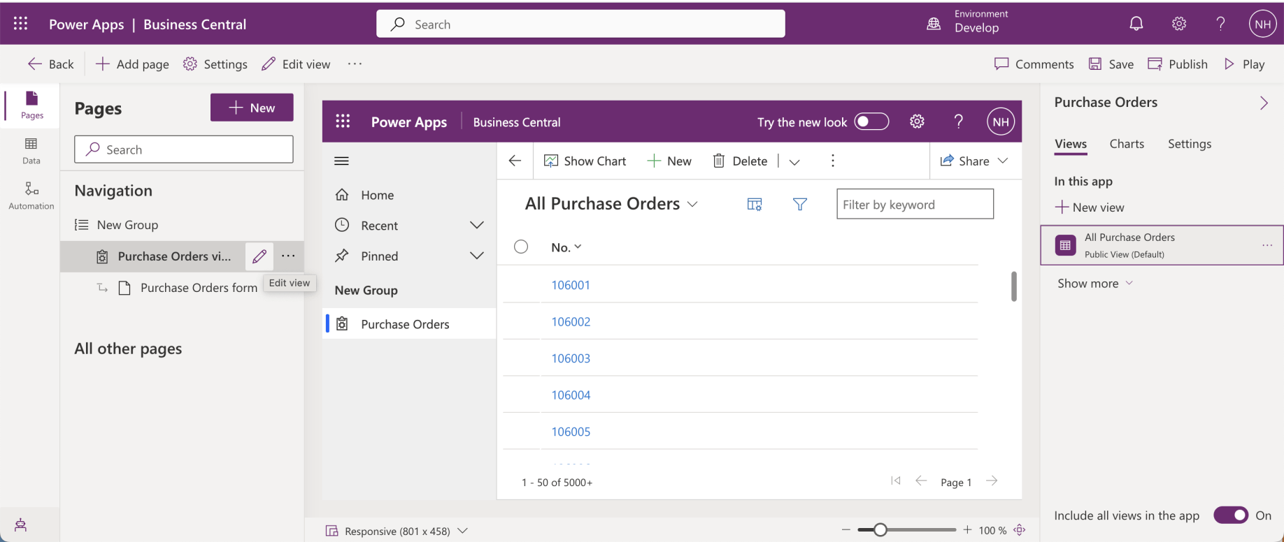 I clicked the Edit View link on the Purchase Orders view item