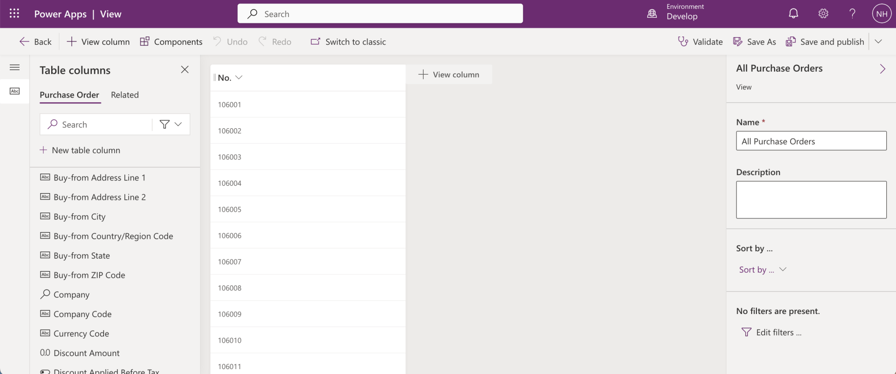 At this point the "All Purchase Orders" view Only included the Purchase Order number (No.) column