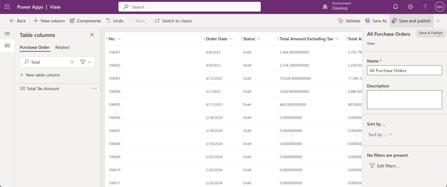 I added the Order Date, Status, Total Amount Excluding Tax and Total Amount Including Tax columns to the view