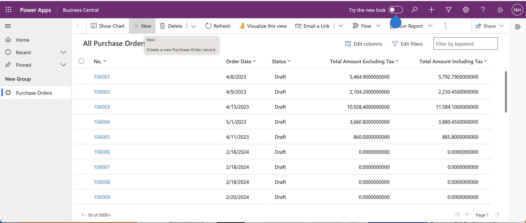 I ran the model driven app. The Purchase Orders tab was selected and a list of Business Central Purchase Orders were displayed. I clicked the + New button