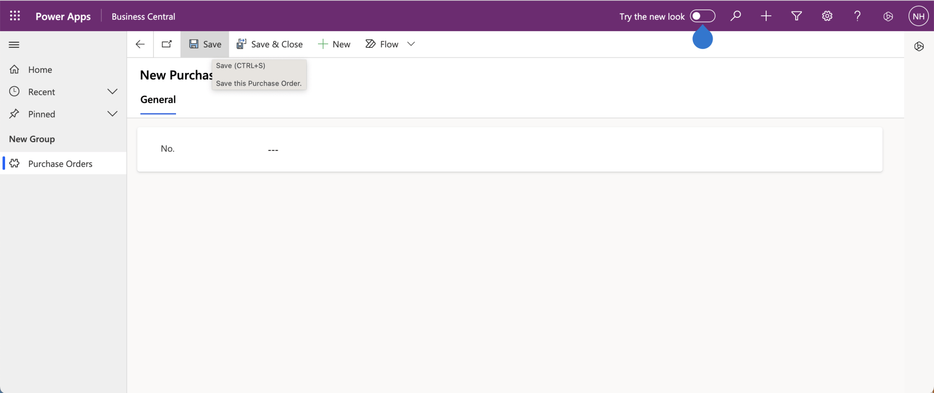 The New Purchase Order form was displayed. I clicked the Save button