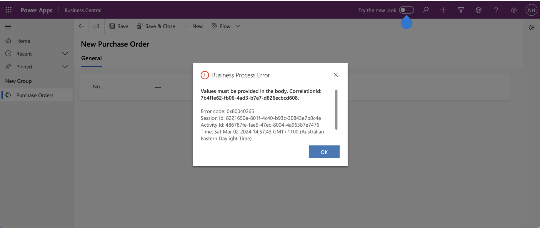 The model driven app displayed an error (because to create a Purchase Order I needed to at least provide a Vendor)