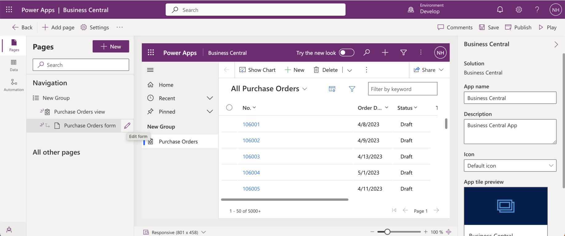 I clicked the Edit form link on the Purchase Orders form
