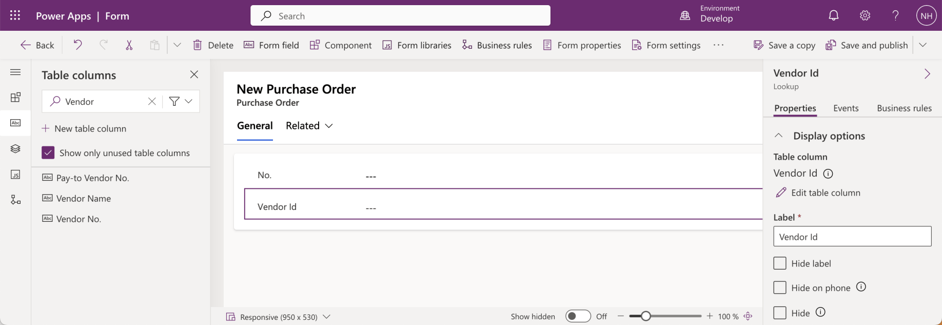 The Vendor Id column has been added to the Purchase Order form