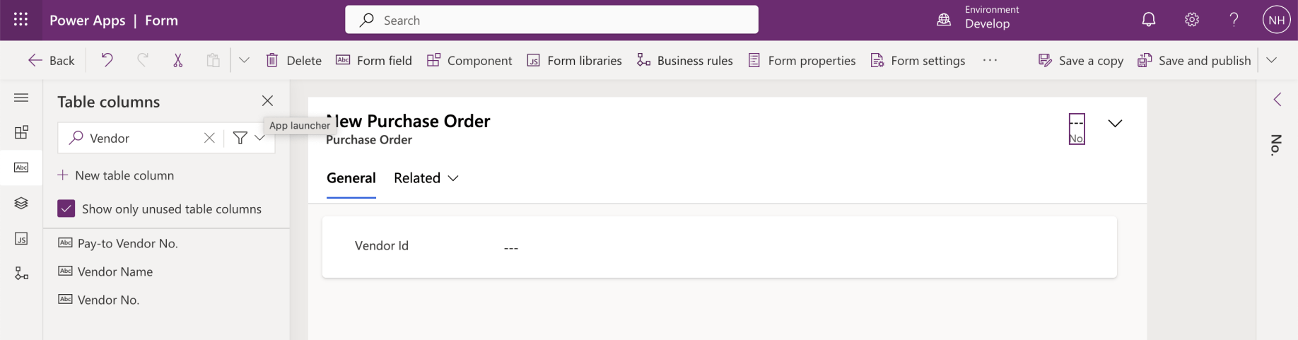 I dragged the Purchase Order No. field into the header of the form (into the top right of the form)