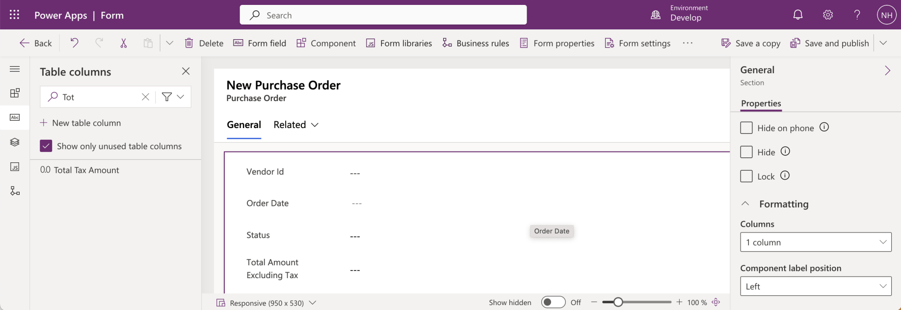 I added the Order Date, Status, Total Amount Excluding Tax and Total Amount Including Tax columns into the General Section