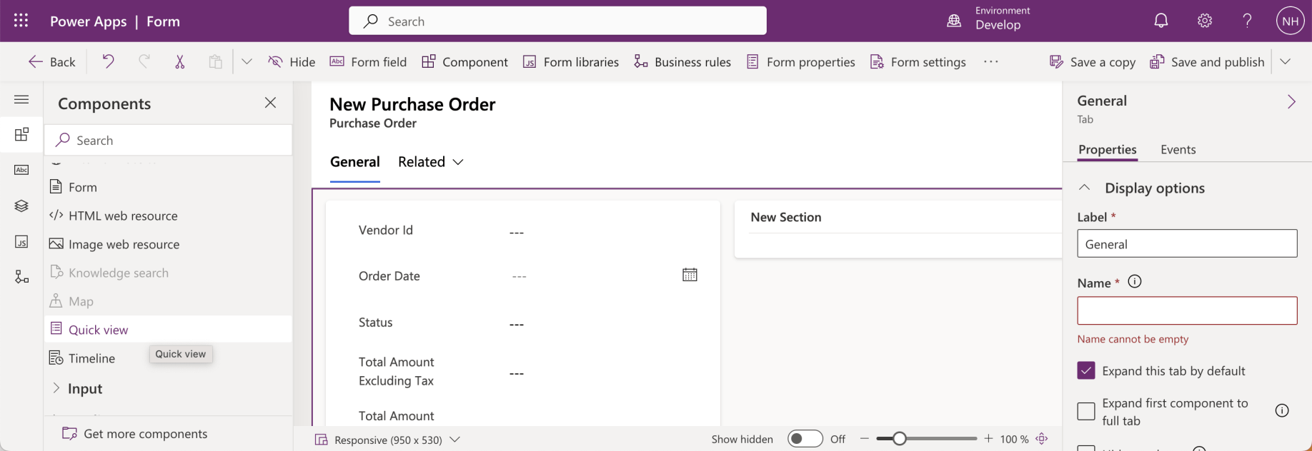 I selected the Quick view component