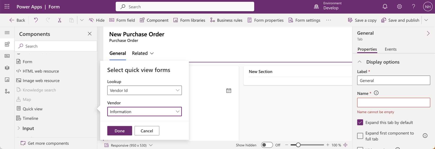 I selected the Vendor Id Lookup and the Vendor Information Quick View form