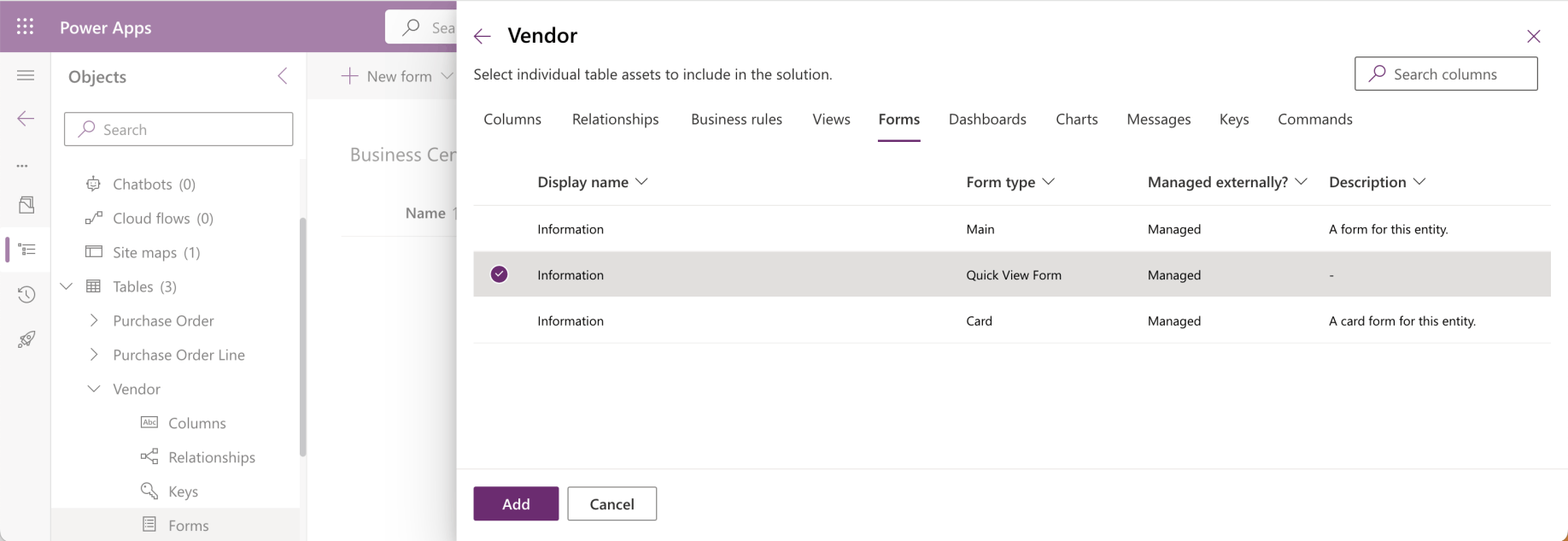 I added the Vendor Quick View form to the solution