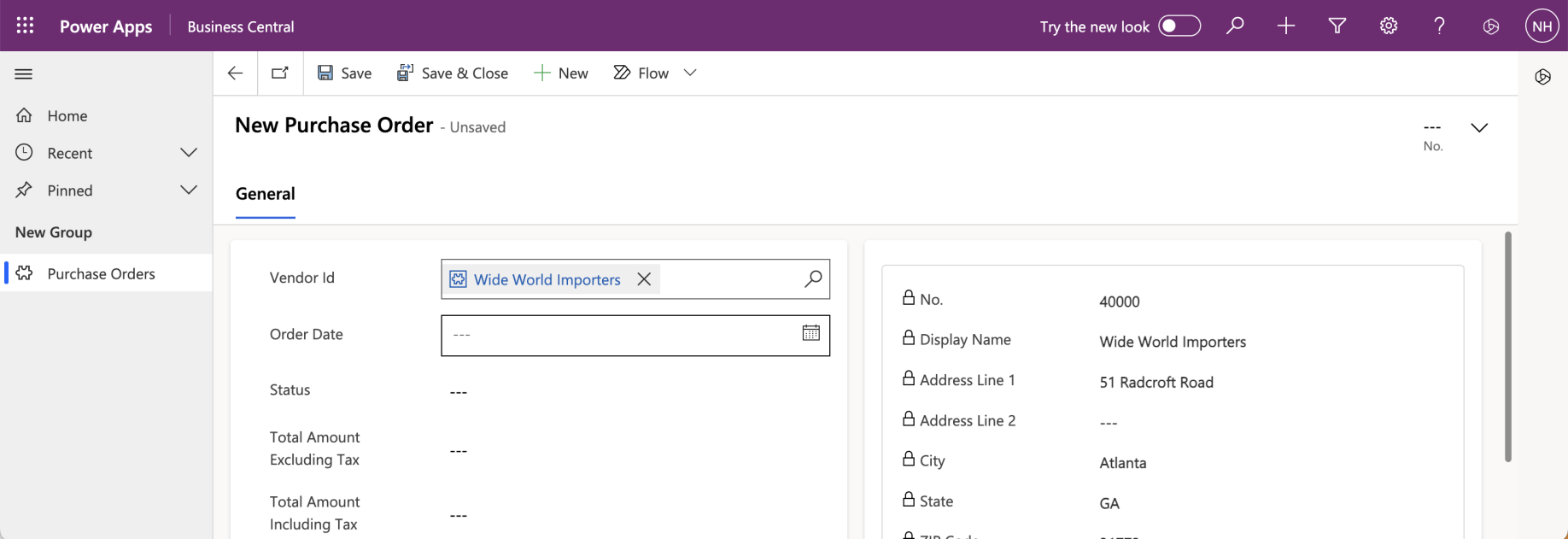 The Vendor Id field was populated and the Quick View form was shown on the right hand side.