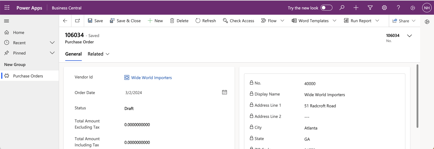 The record was saved to Business Central and No. value 106034 automatically assigned