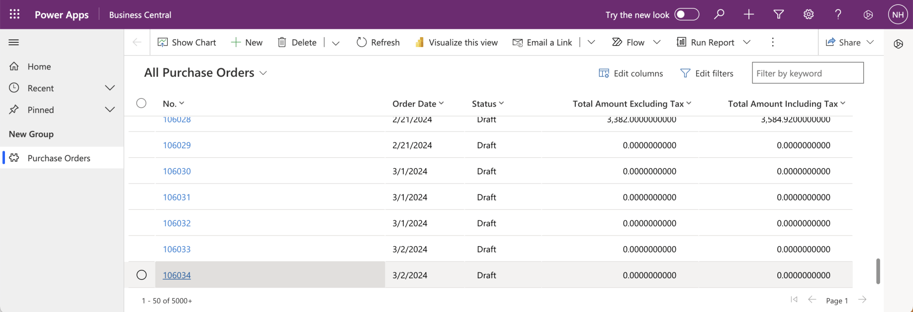 The new purchase order was shown at the bottom of the "All Purchase Orders" view