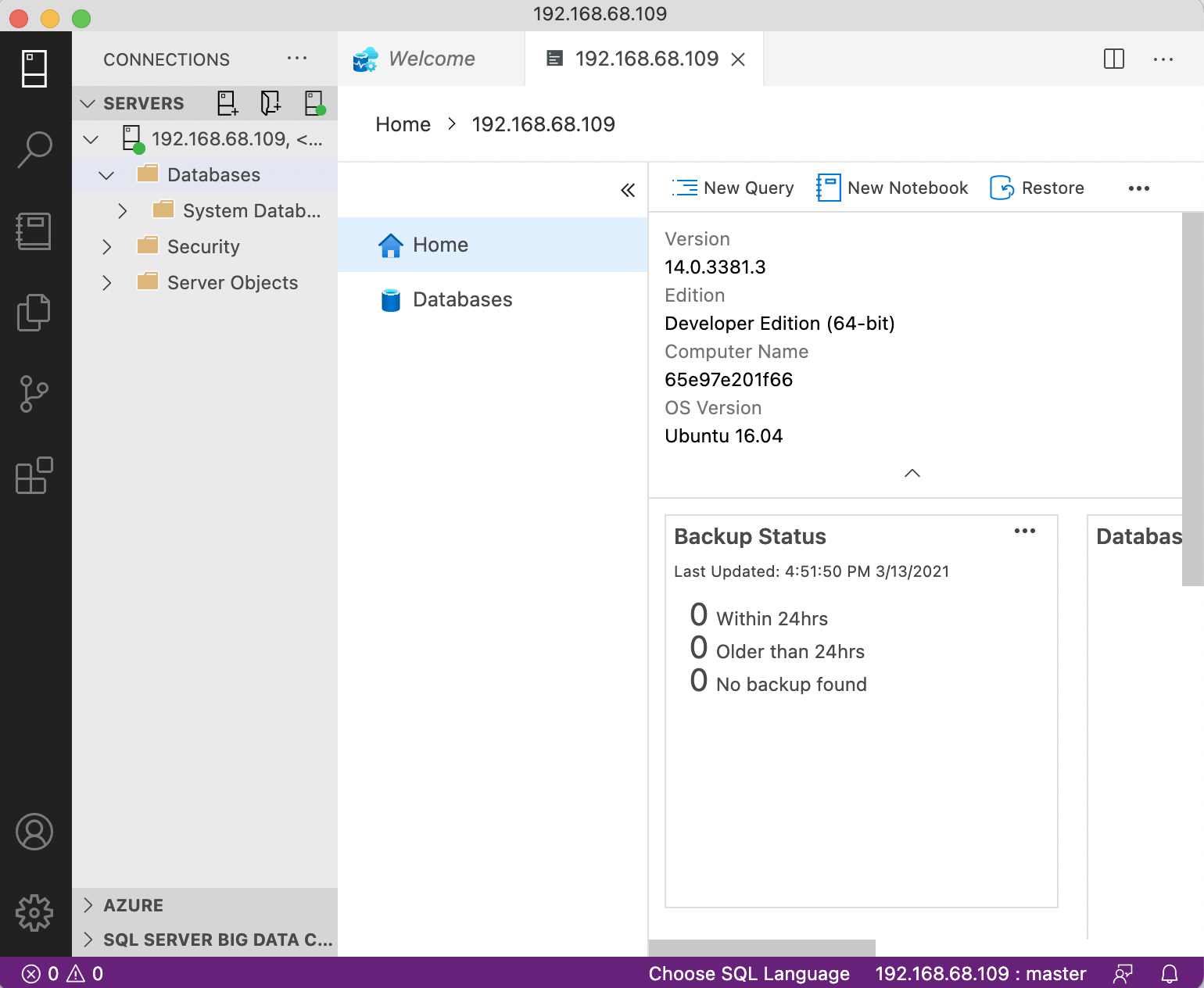 Connected to database instance running on 192.168.68.109