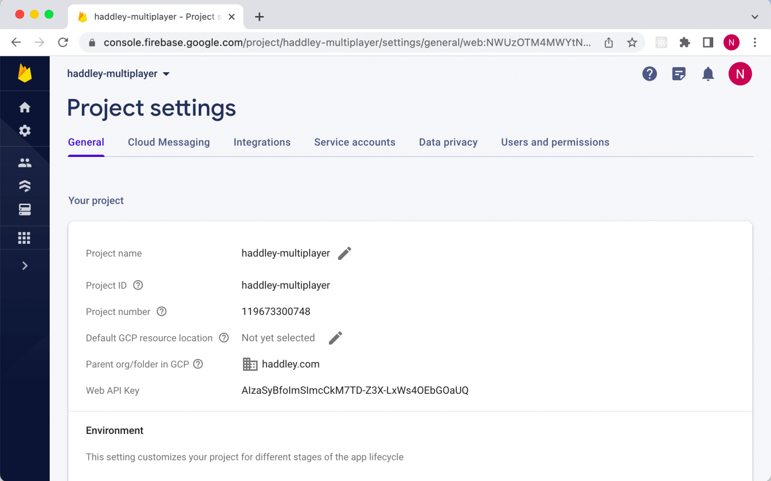 Firebase project settings