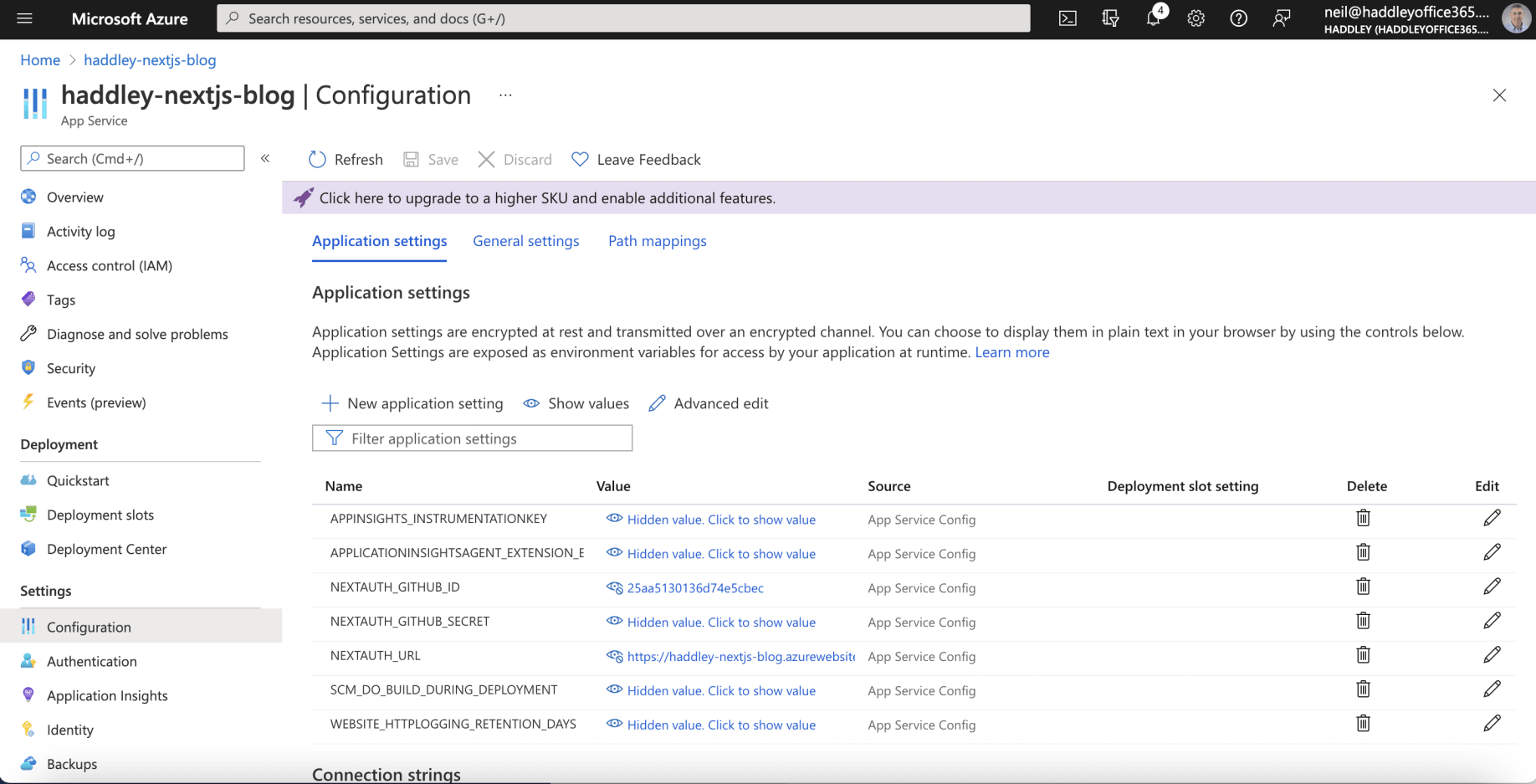 next-auth URL, Client ID and Client Secret added to Azure App Service