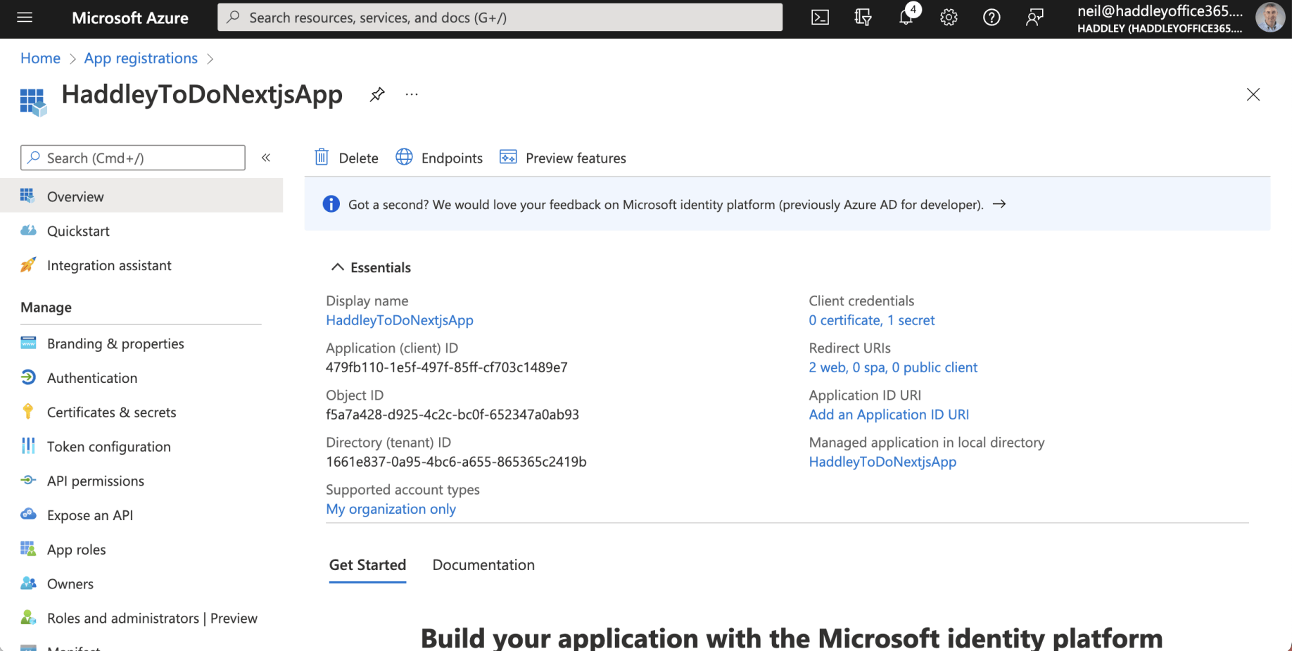 Application (client) ID, Directory (tenant) ID and 1 secret