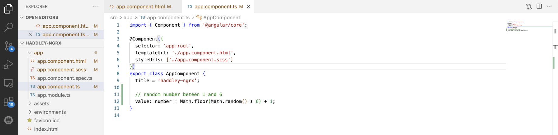 The app component class sets the "value"