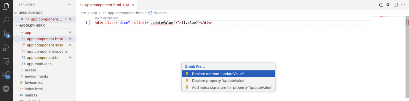 I added (click)="updateValue()" to app component template