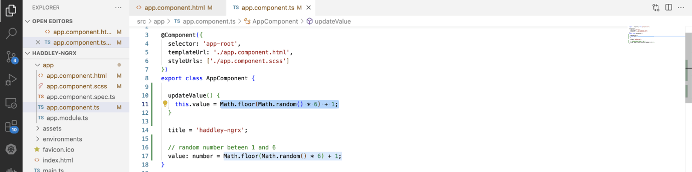 I added code to update "this.value" to app component class