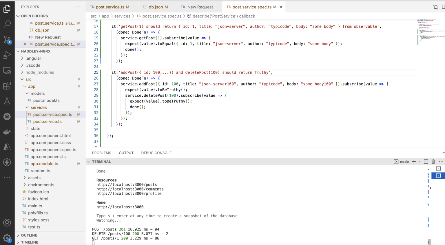 The json-server shows the POST, DELETE and GET requests